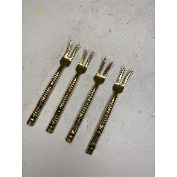 Thailand Nickelbronze Appetizer Cocktail Forks & Spoon Bamboo Design Set of 5 - Picture 5 of 12